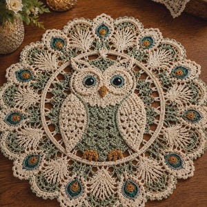 May include: A handmade, cream-colored crochet doily featuring a detailed owl design. The owl is centered within a circular frame, surrounded by peacock feather accents in green, teal, and gold. The doily is placed on a wooden surface.