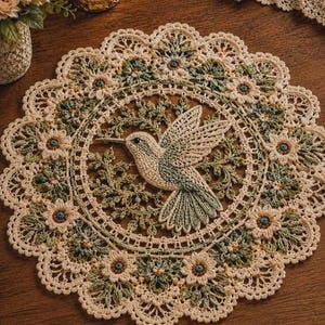 Puede incluir: Un tapete de ganchillo hecho a mano, de color crema, con un diseño central de colibrí con acentos azules y verdes. El tapete está adornado con patrones florales y de hojas, creando una pieza decorativa delicada e intrincada.