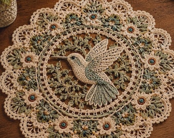 Hummingbird Crochet Doily Pattern, Floral Lace Table Mat PDF, Vintage Round Placemat, Botanical Home Decor