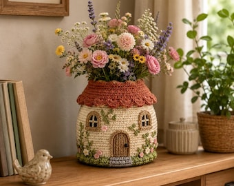 Gehaakt huisje vaaspatroon pdf, bloempot woondecoratie, bloemenboekethouder, handgemaakt middelpunt lentetafel