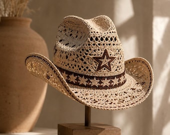 Crochet Cowboy Hat Pattern PDF, Western Ranch Cap, Star Band Sun Hat, Men Festival Accessory