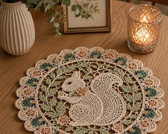 Crochet Squirrel Doily Pattern, Woodland Table Decor PDF, Lace Placemat Tutorial, Vintage Floral Home Accent