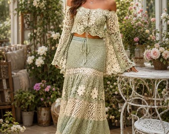 Conjunto de crochet estilo boho con patrón en PDF, top con hombros descubiertos y falda larga, conjunto de verano con encaje floral.
