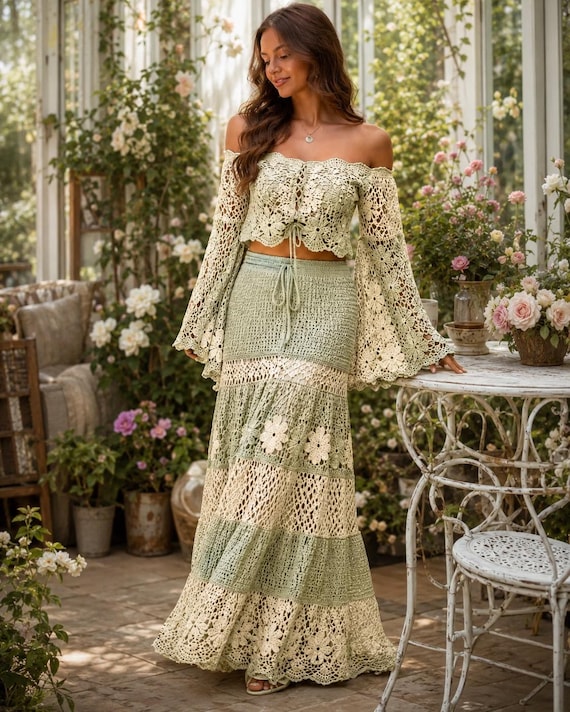 Boho Crochet Set Pattern PDF, Off Shoulder Top Maxi Skirt, Floral Lace Summer Outfit