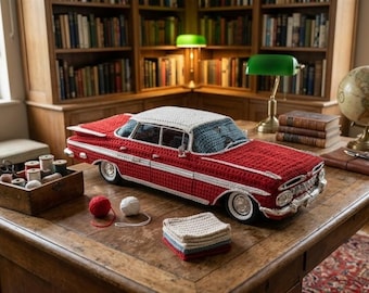 Patrón de ganchillo para coche clásico en PDF, amigurumi de automóvil rojo vintage, decoración de vehículos retro, idea de regalo de juguete hecho a mano