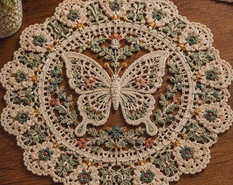 Patrón de ganchillo, tapete de mariposa, mantel individual de encaje floral, centro de mesa redondo vintage, tutorial en PDF