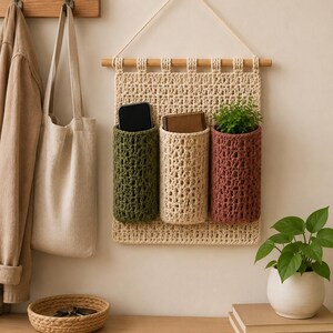 Pode incluir: Um organizador de parede de crochê bege com três bolsos em verde oliva, bege e bordô. O organizador está pendurado em uma haste de madeira e contém um telefone, uma carteira e uma pequena planta em vaso. Uma sacola de tons neutros e um casaco estão pendurados em um cabide de madeira.