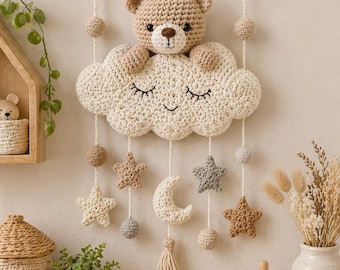 Patrón de ganchillo para colgar en la pared con forma de oso y nube (PDF), patrón de decoración de pared para guardería, móvil de ganchillo para habitación de bebé, decoración colgante de luna y estrella.