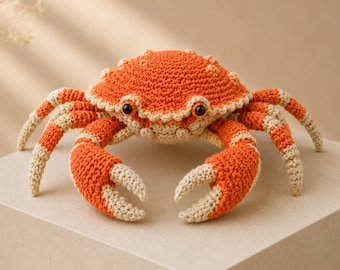 Haakpatroon krab, realistisch amigurumi-zeedier, schattig oceaanschaaldier pdf, tutorial kustknuffel, decor cadeau strandkwekerij