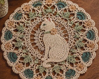Patrón de tapete de gato a crochet, mantel individual de encaje floral en PDF, decoración de centro de mesa con apliques vintage