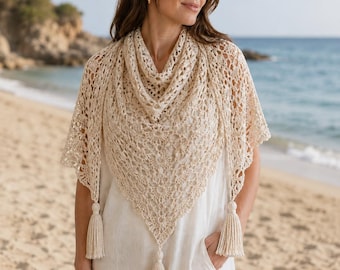 Crochet Lace Shawl Pattern PDF, Boho Triangle Wrap, Bridal Shoulder Scarf, Tassel Beach Cover Up, Elegant Summer Crochet Accessory