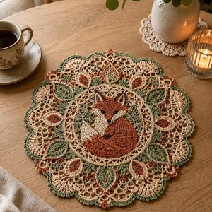 Könnte beinhalten: Runde, gehäkelte Tischdecke mit einem Fuchsmotiv. Die Tischdecke hat ein detailliertes, offenes Muster mit einem zentralen Fuchsbild in Braun- und Cremetönen, umgeben von grünen und beigen Blättermotiven. Die Tischdecke hat einen Durchmesser von etwa 30 cm.