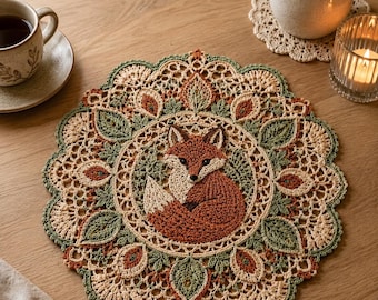 Patroon Fox gehaakt kleedje, bosrijke kanten tafelmat pdf, bloemenmandala als middelpunt, Cottagecore woondecoratie