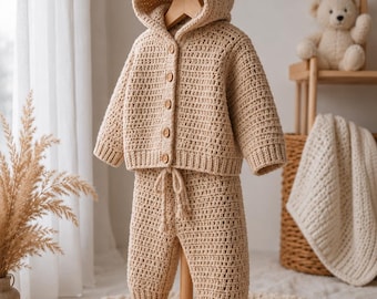 Patrón de ganchillo para conjunto de osito bebé, cárdigan con capucha en PDF, conjunto de pantalón para recién nacido, chaqueta con orejas de osito, descarga digital.