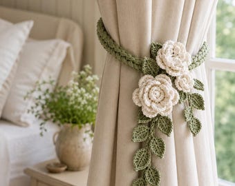 Crochet Curtain Tieback Pattern PDF, Floral Drapery Holdback, Rose Window Decor, Handmade Cottage Home Accent