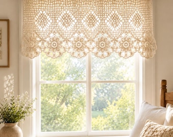 Patrón de ganchillo para cenefa de cortina, remate de ventana de encaje floral, decoración rústica estilo granja en PDF, tutorial de cocina vintage Filet, regalo bohemio