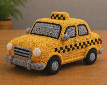 Patrón de ganchillo para taxi, vehículo amigurumi amarillo en PDF, tutorial para coche de juguete urbano.