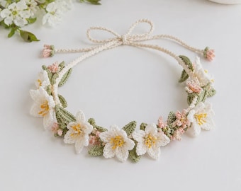 Patrón de corona de flores a crochet en PDF, tutorial de diadema nupcial, diadema floral de lirios, accesorio bohemio para bodas (hazlo tú mismo)
