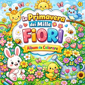 Può includere: Copertina di un libro da colorare per bambini con il titolo "La Primavera dei Mille Fiori" (La Primavera dei Mille Fiori). L'immagine presenta animali dei cartoni animati, fiori, farfalle e un arcobaleno, con colori vivaci.