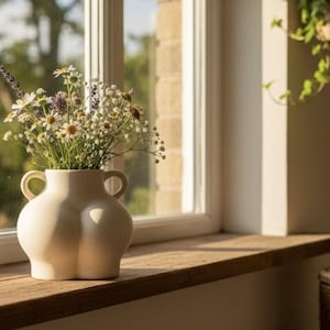 May include: A matte off-white ceramic vase with a rounded, bulbous body and two small side handles. The vase is filled with a bouquet of assorted wildflowers, including white daisies and small purple blossoms, positioned on a wooden windowsill.