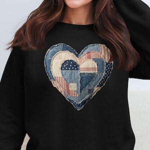 Faux Patchwork Heart T-Shirt, Americana Quilted Denim Star Stripe Graphic Tee