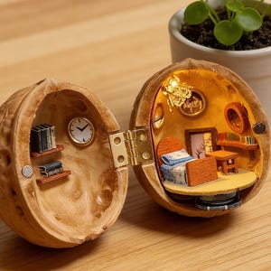 Op de afbeelding: Een miniatuur slaapkamer in een geopende walnootschil, met een bed, tafel en kunstwerken. De andere helft van de schil heeft een klok en miniatuur boeken. Een kleine potplant staat ernaast.