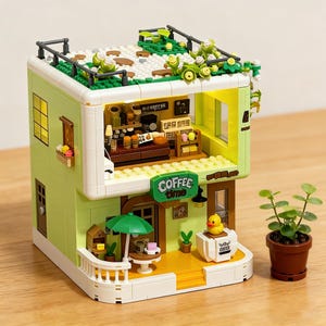 DIYコーヒーショップの街並みを再現した組み立て式ブロックセット、LEDライト付き3Dミニチュアハウスモデル、精巧なデスクトップオーナメント、友人へのギフト