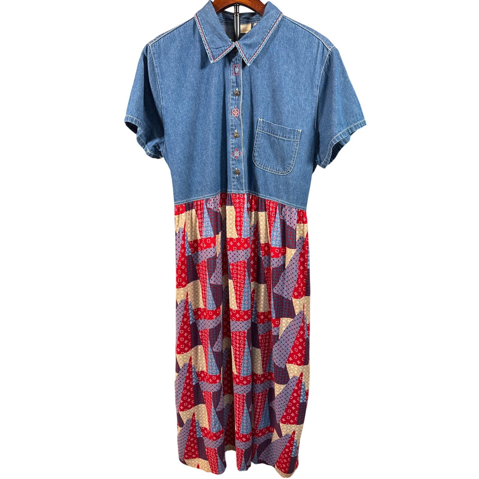 white christmas dresses Patchwork Boho Denim Midi Dress with Ruffle Hem Latte / Medium main image 1
