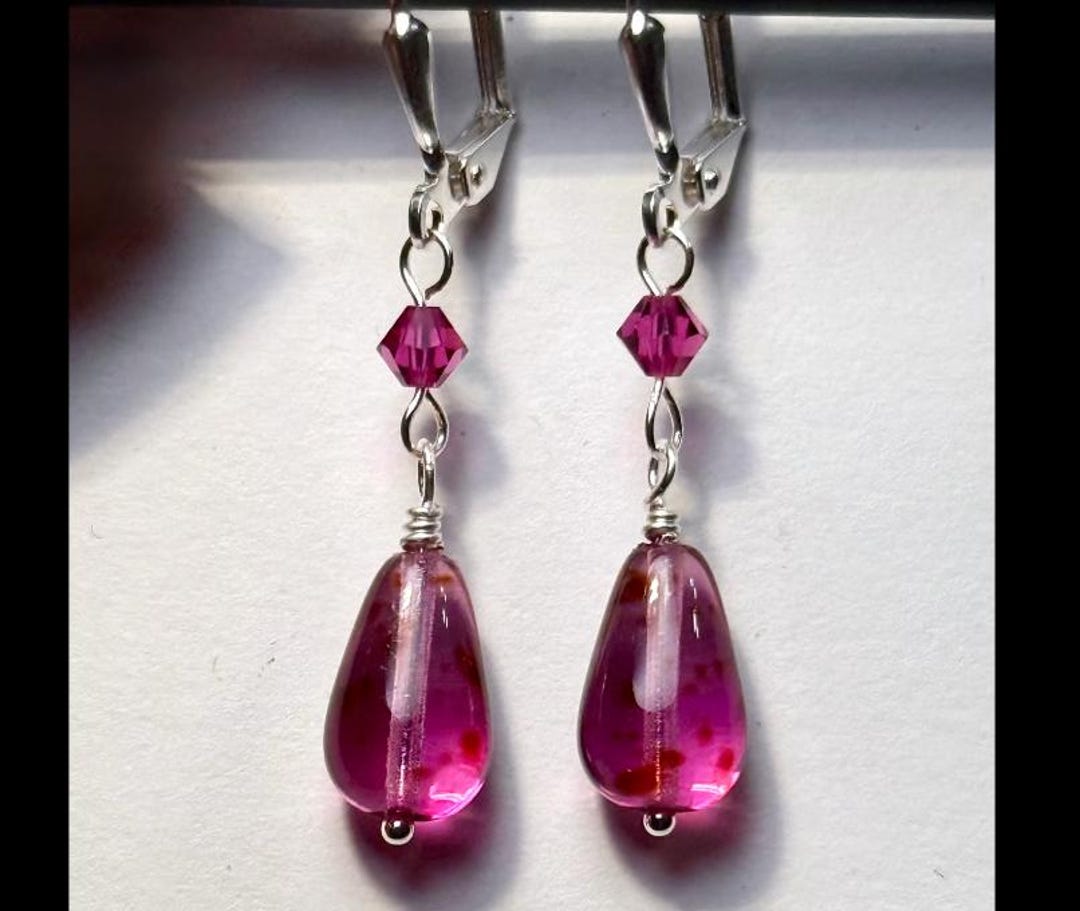 Czech Glass Speckled Raspberry Teardrop Earrings With Swarovski Crystal ...