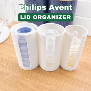 Könnte beinhalten: Weißer Philips Avent Deckel-Organizer mit drei Fächern. Der Text "Philips Avent LID ORGANIZER" ist oben abgebildet. Jedes Fach enthält Babyflaschenteile, einschließlich Deckel, Sauger und Flaschen.
