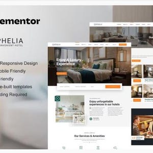 Puede incluir: Diseño web para un hotel, con el logotipo de Elementor y el nombre del hotel "Ophelia". El diseño muestra interiores de habitaciones de hotel y comodidades. El texto incluye "100% Responsive Design", "SEO Friendly" y "12+ plantillas prefabricadas".