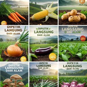 May include: Nine images displaying various fresh vegetables. The images include carrots, corn, potatoes, an onion, an aubergine, leafy greens, mushrooms, spring onions, and red onions. Each image has text in a foreign language and a discount percentage.