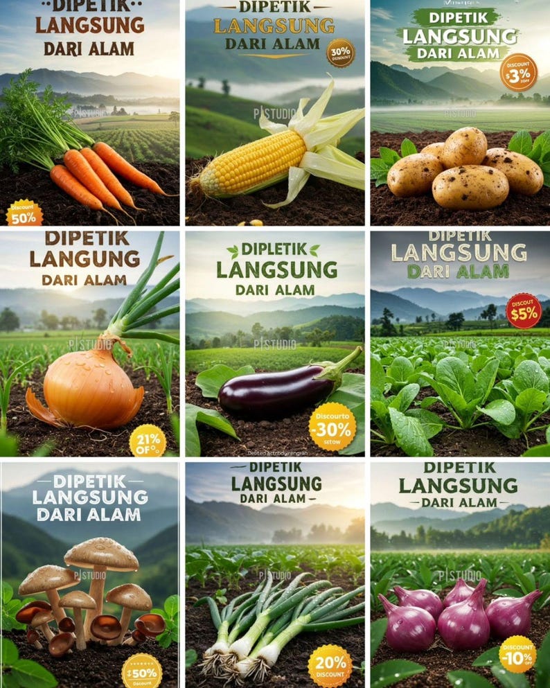 May include: Nine images displaying various fresh vegetables. The images include carrots, corn, potatoes, an onion, an aubergine, leafy greens, mushrooms, spring onions, and red onions. Each image has text in a foreign language and a discount percentage.