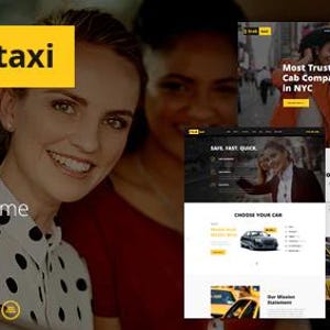 Op de afbeelding: Een website-ontwerp voor een taxi- en autoverhuurservice. Het logo toont de woorden "Grab taxi" in zwart en geel. De afbeelding bevat screenshots van de website, met de tekst "Most Trusted Cab Company in NYC".
