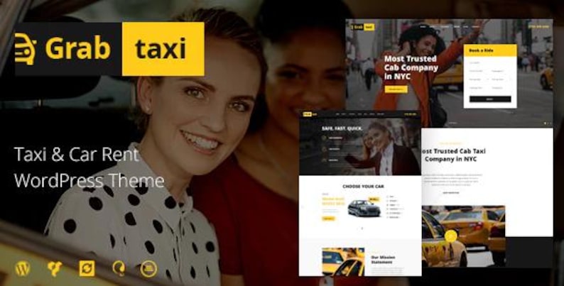 Op de afbeelding: Een website-ontwerp voor een taxi- en autoverhuurservice. Het logo toont de woorden "Grab taxi" in zwart en geel. De afbeelding bevat screenshots van de website, met de tekst "Most Trusted Cab Company in NYC".