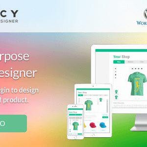 以下が含まれることがあります： Fancy Product Designerのプロモーション画像。コンピューターモニター、タブレット、スマートフォンで製品デザインインターフェースを表示しています。「The All-Purpose Product Designer」と「The #1 HTML5 Plugin to design and sell any kind of product」というテキストが含まれています。
