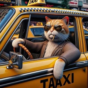 Op de afbeelding: Een gele taxi met een kat als chauffeur die een zonnebril en een pak draagt. De kat houdt een sigaret vast en bestuurt de taxi. De taxi heeft een "TAXI"-bord op het dak en het woord "TAAXI" op de zijkant.