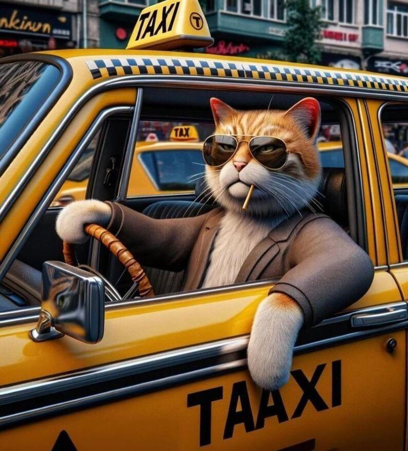 Op de afbeelding: Een gele taxi met een kat als chauffeur die een zonnebril en een pak draagt. De kat houdt een sigaret vast en bestuurt de taxi. De taxi heeft een "TAXI"-bord op het dak en het woord "TAAXI" op de zijkant.