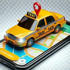 Op de afbeelding: Een gele taxi met een "TAXI" -bord en een rode locatie-markering staat op een smartphone met een kaart. Het telefoonscherm toont een kaart met een blauwe rivier en een gele knop met "Cooperation".