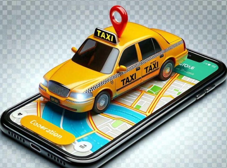 Op de afbeelding: Een gele taxi met een "TAXI" -bord en een rode locatie-markering staat op een smartphone met een kaart. Het telefoonscherm toont een kaart met een blauwe rivier en een gele knop met "Cooperation".