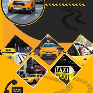 Op de afbeelding: Een promotionele afbeelding voor een taxiservice, met gele en zwarte designelementen. De afbeelding bevat meerdere taxivoertuigen, de woorden "Servicio de Calidad" en "Servicio de Taxi", en een telefoonpictogram met het woord "TAXI".