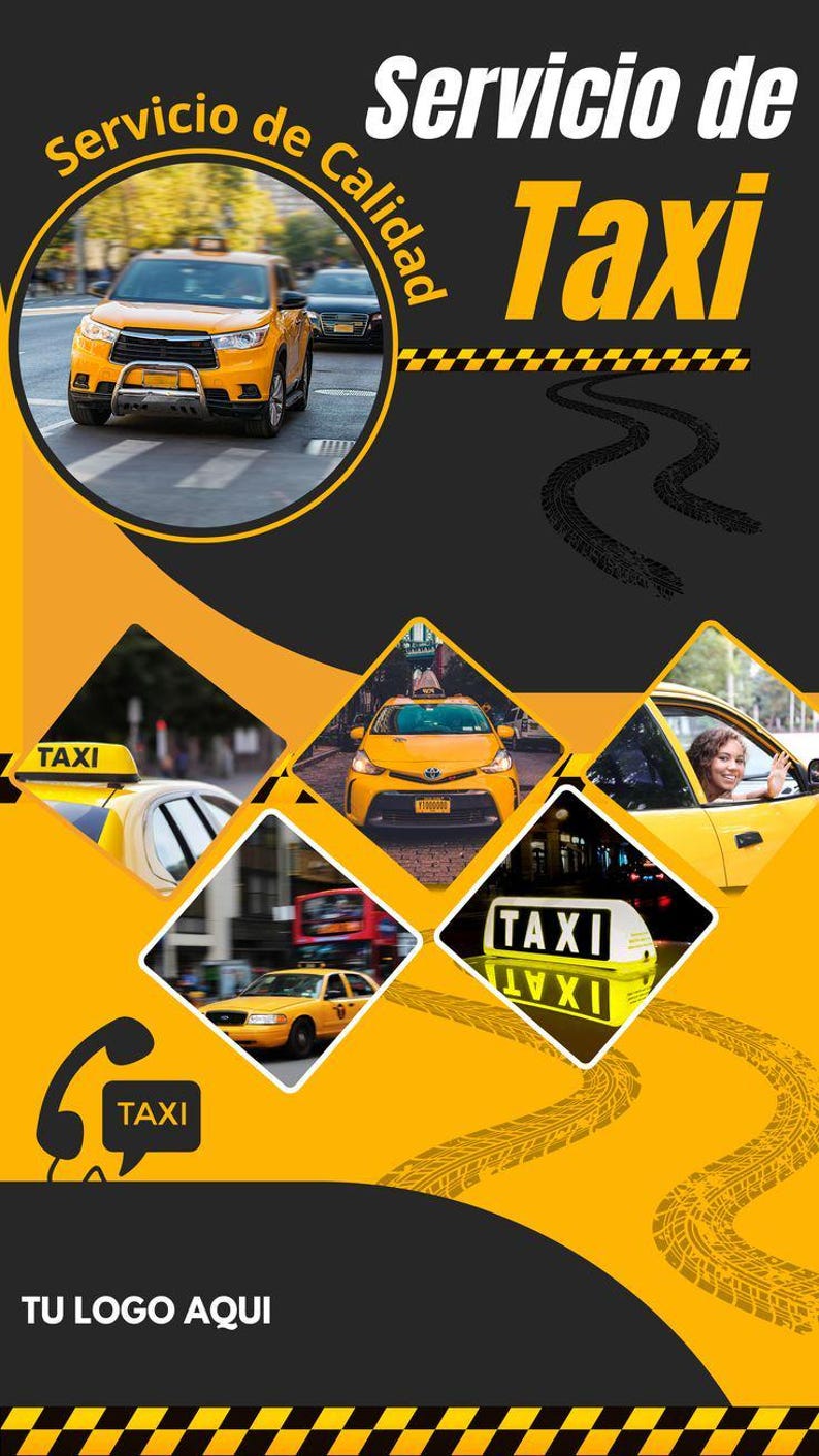Op de afbeelding: Een promotionele afbeelding voor een taxiservice, met gele en zwarte designelementen. De afbeelding bevat meerdere taxivoertuigen, de woorden "Servicio de Calidad" en "Servicio de Taxi", en een telefoonpictogram met het woord "TAXI".