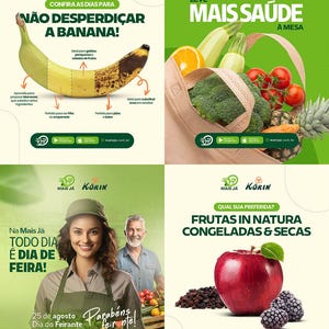 May include: A four-panel advert promoting healthy eating. One panel shows a banana with text about not wasting it. Another shows a bag of fresh produce. The third features a woman and man. The last shows an apple and berries.