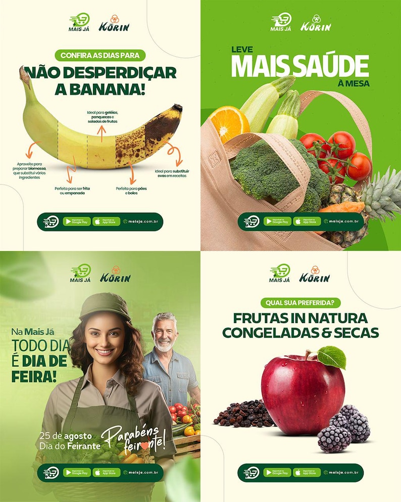 May include: A four-panel advert promoting healthy eating. One panel shows a banana with text about not wasting it. Another shows a bag of fresh produce. The third features a woman and man. The last shows an apple and berries.