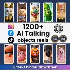 May include: A digital graphic showcasing 10 smartphone screens, each displaying a unique animated object. The image includes the text "1200+ AI Talking objects reels" and social media icons. The bottom of the image reads "INSTANT DIGITAL DOWNLOAD".