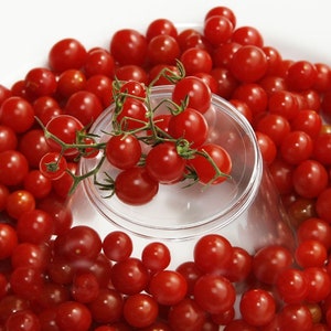May include: A close-up shot of a collection of ripe, red cherry tomatoes. Some tomatoes are still attached to their green stems. A clear, inverted glass container is in the center of the image, surrounded by the tomatoes.