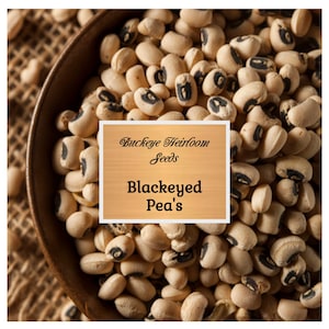May include: A wooden bowl filled with black-eyed peas. The peas are beige with a distinctive black spot. A sign in the image reads "Buckeye Heirloom Seeds Blackeyed Pea's". The bowl sits on a textured, brown surface.