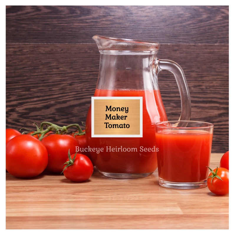 Puede incluir: Una jarra de vidrio transparente y un vaso de jugo de tomate rojo se encuentran sobre una superficie de madera, junto con tomates rojos frescos. El texto de la imagen dice "Money Maker Tomato" y "Buckeye Heirloom Seeds".