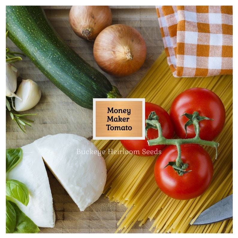 Puede incluir: Naturaleza muerta culinaria con ingredientes frescos. Incluye calabac&iacute;n, cebollas, ajo, albahaca, mozzarella, espaguetis y tomates rojos maduros. El texto "Money Maker Tomato" es visible en un letrero de madera.