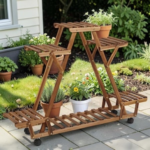 Movable Tiered Wooden Plant Stand with Wheels, 6 Pots Rustic Pine Wood Balcony Decor